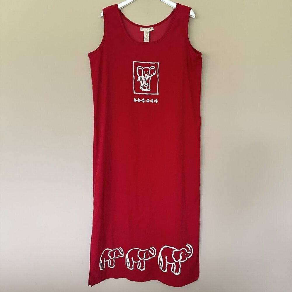 Red Elephant Maxi Dress Women 14 Vintage Sleeveless Long 90s Alabama Sweet Jessi